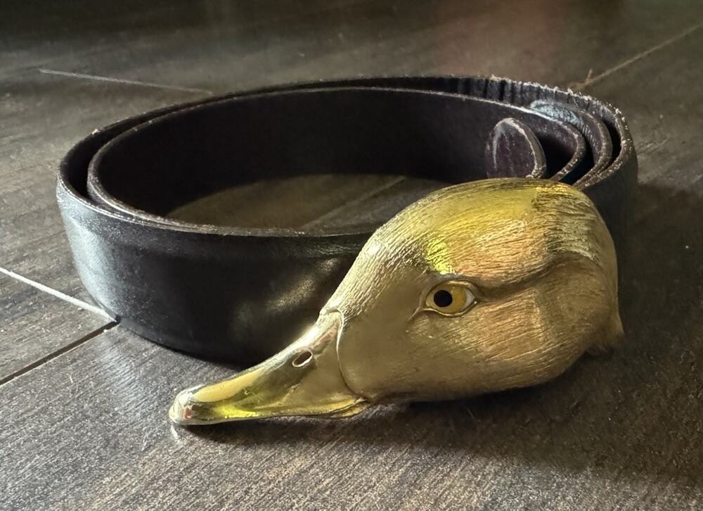 Vintage 1980s Christopher Ross Mallard Duck Belt Buckle 24kt Gold Original Belt